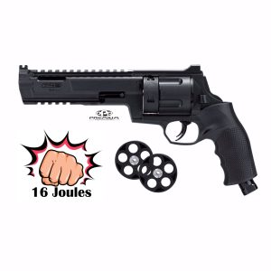 Durable black paintball revolver pistol featuring a realistic design, high energy output of 16 Joules, and included spare wheels for extended use in competitive play.
