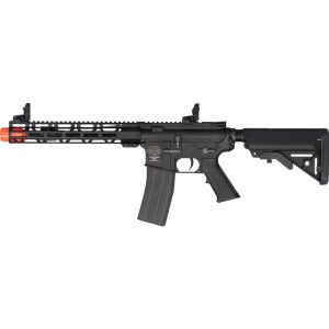 AR-15 style tactical airsoft gun, black rifle with adjustable stock and quad rail handguard for accessories, premium paintball products.
