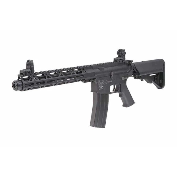 AR-15 style tactical airsoft gun, black rifle with adjustable stock and quad rail handguard for accessories, premium paintball products.