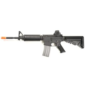 AR-15 style tactical airsoft gun, tan rifle with adjustable stock and quad rail handguard for accessories, premium paintball products.
