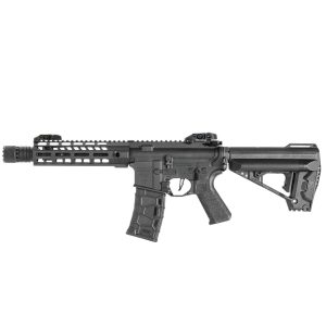 AR-15 style tactical airsoft gun, black rifle with adjustable stock and quad rail handguard for accessories, premium paintball products.