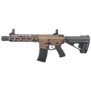 AR-15 style tactical airsoft gun, tan rifle with adjustable stock and quad rail handguard for accessories, premium paintball products.