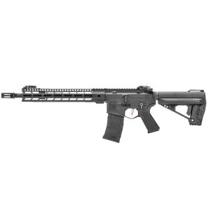 AR-15 style tactical airsoft gun, black rifle with adjustable stock and quad rail handguard for accessories, premium paintball products.