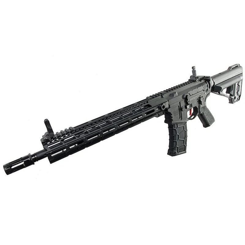 AR-15 style tactical airsoft gun, black rifle with adjustable stock and quad rail handguard for accessories, premium paintball products.