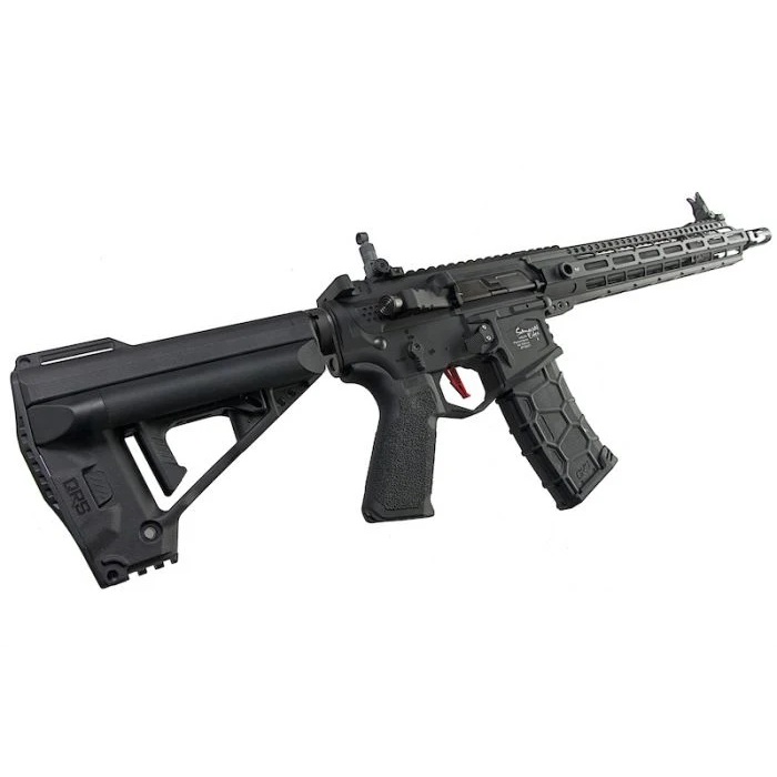 AR-15 style tactical airsoft gun, black rifle with adjustable stock and quad rail handguard for accessories, premium paintball products.