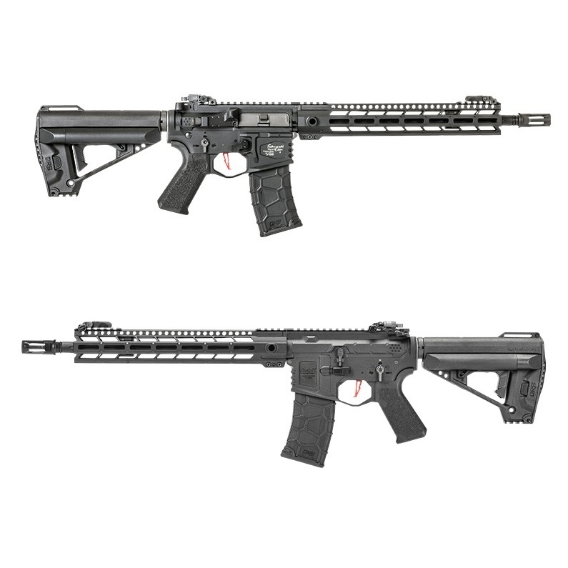 AR-15 style tactical airsoft gun, black rifle with adjustable stock and quad rail handguard for accessories, premium paintball products.