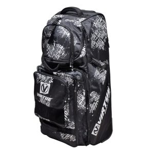 Durable black and white paintball backpack with multiple compartments, ideal for carrying gear and accessories at paintball games.