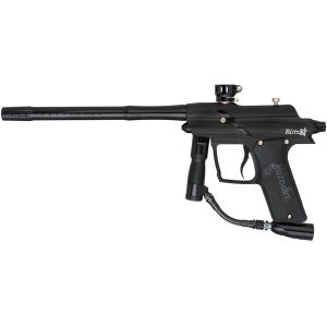 High-performance black paintball marker with long barrel and adjustable trigger, ideal for competitive paintball games and recreational shooting. Durable and reliable equipment for enthusiasts.