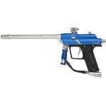 A sleek, blue and black paintball gun with a long metallic barrel, featuring adjustable parts, perfect for competitive paintball gameplay and sports enthusiasts.