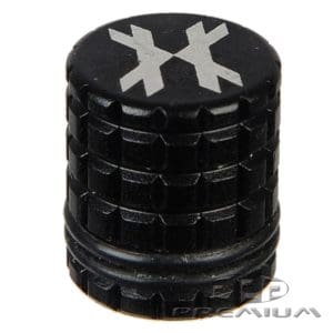 Black paintball fill nipple cover with white logo, designed for paintball markers and accessories.