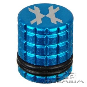 Blue aluminum paintball fill nipple cover with snowflake design for HK Army paintball markers.
