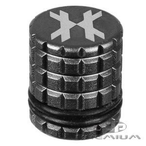 Black HK Army fill nipple cover with textured grip and logo design, compatible with paintball markers for secure filling.