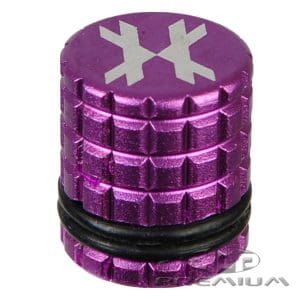 Purple paintball fill nipple cover with black O-ring, designed for paintball markers, durable aluminum construction, and easy to install.