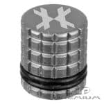 Black HK Army fill nipple cover for paintball tanks with textured grip and rubber O-ring for secure fit.
