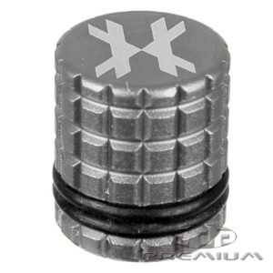 Black HK Army fill nipple cover for paintball tanks with textured grip and rubber O-ring for secure fit.