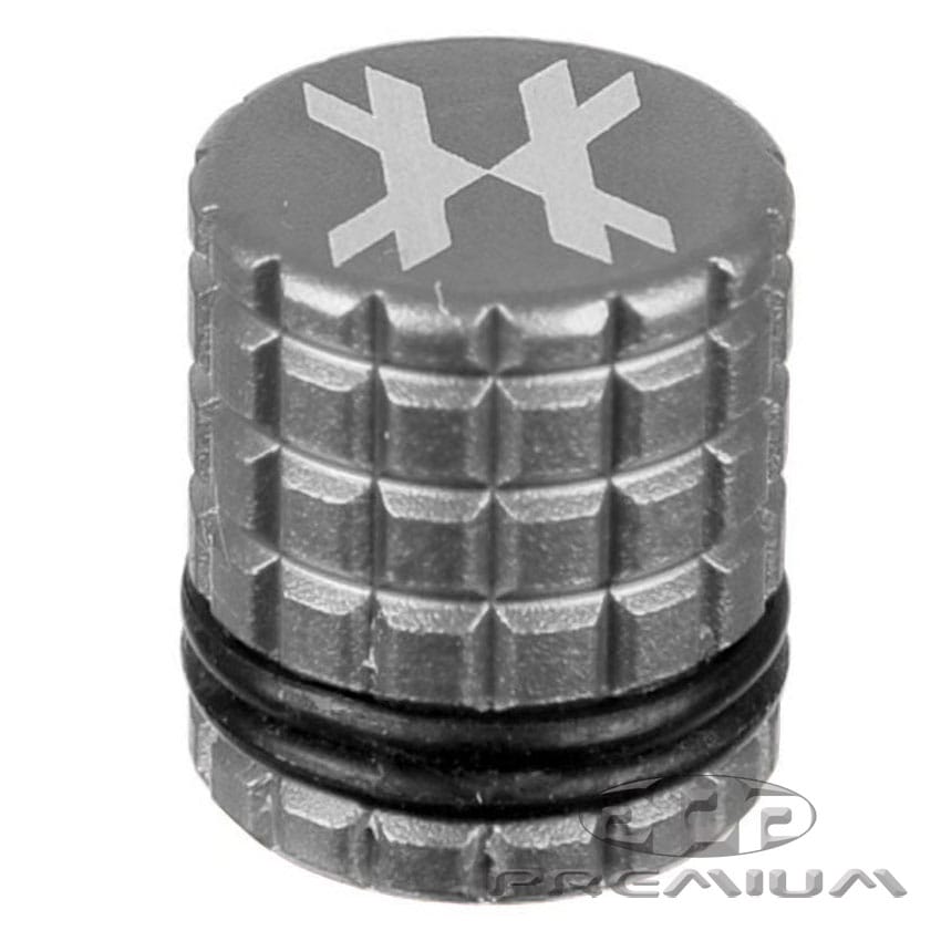 Black HK Army fill nipple cover for paintball tanks with textured grip and rubber O-ring for secure fit.