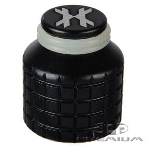 High-quality black paintball barrel plug with textured grip and logo design, ideal for safety and protection during paintball games.