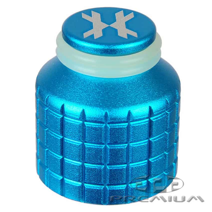 Blue paintball CO2 or air tank with snowflake symbol for cold weather use.