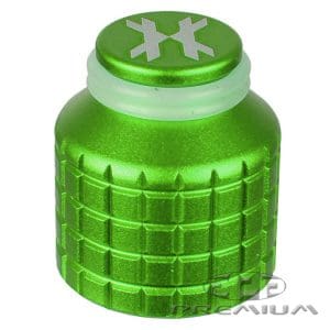 Bright green paintball pod with textured grip and secure lid, ideal for storing paintballs during gameplay.