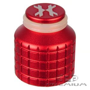 Red paintball barrel cover with textured grip and logo for protection and style during gameplay.