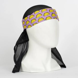 Premium paintball headwrap featuring a colorful 8 Bit Taco pattern, designed for comfort and style during paintball games.