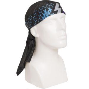 HK Army headwrap with black and blue geometric design, made of moisture-wicking fabric, ideal for paintball players to stay comfortable and protected.