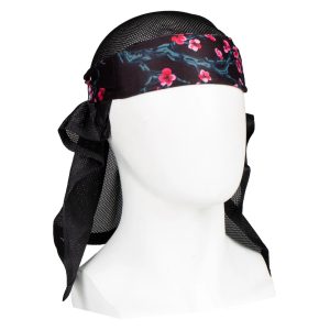 Black paintball headwrap with pink floral pattern and adjustable ties, designed for comfort and style during paintball games.