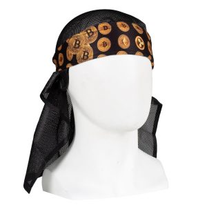 HK Army Blossom Pink headwrap with Bitcoin and cryptocurrency symbols, designed for paintball players, offering style and protection.