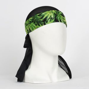 Premium HK Army headwrap with cannabis leaf design, ideal for paintball players, featuring breathable fabric and adjustable fit.