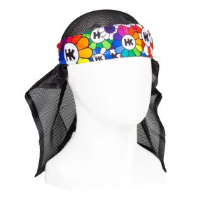 Colorful HK Army Headwrap with black mesh side panels, designed for paintball players, featuring the HK logo pattern in vibrant colors.