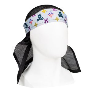 HK Army Hurakami headwrap featuring colorful logo patterns, designed for paintball players to enhance style and comfort during gameplay.