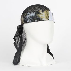 Premium paintball headwrap with camouflage design and black mesh material, designed for comfort and style during paintball games.