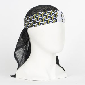 Premium paintball headwrap with geometric pattern and black mesh material for comfort and style during paintball games.