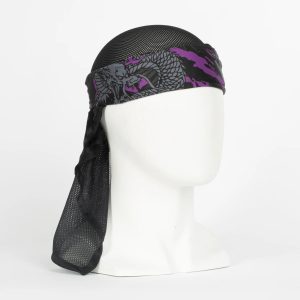 HK Army Rising Sun headwrap with black mesh material and purple dragon design, ideal for paintball players for style and sun protection.