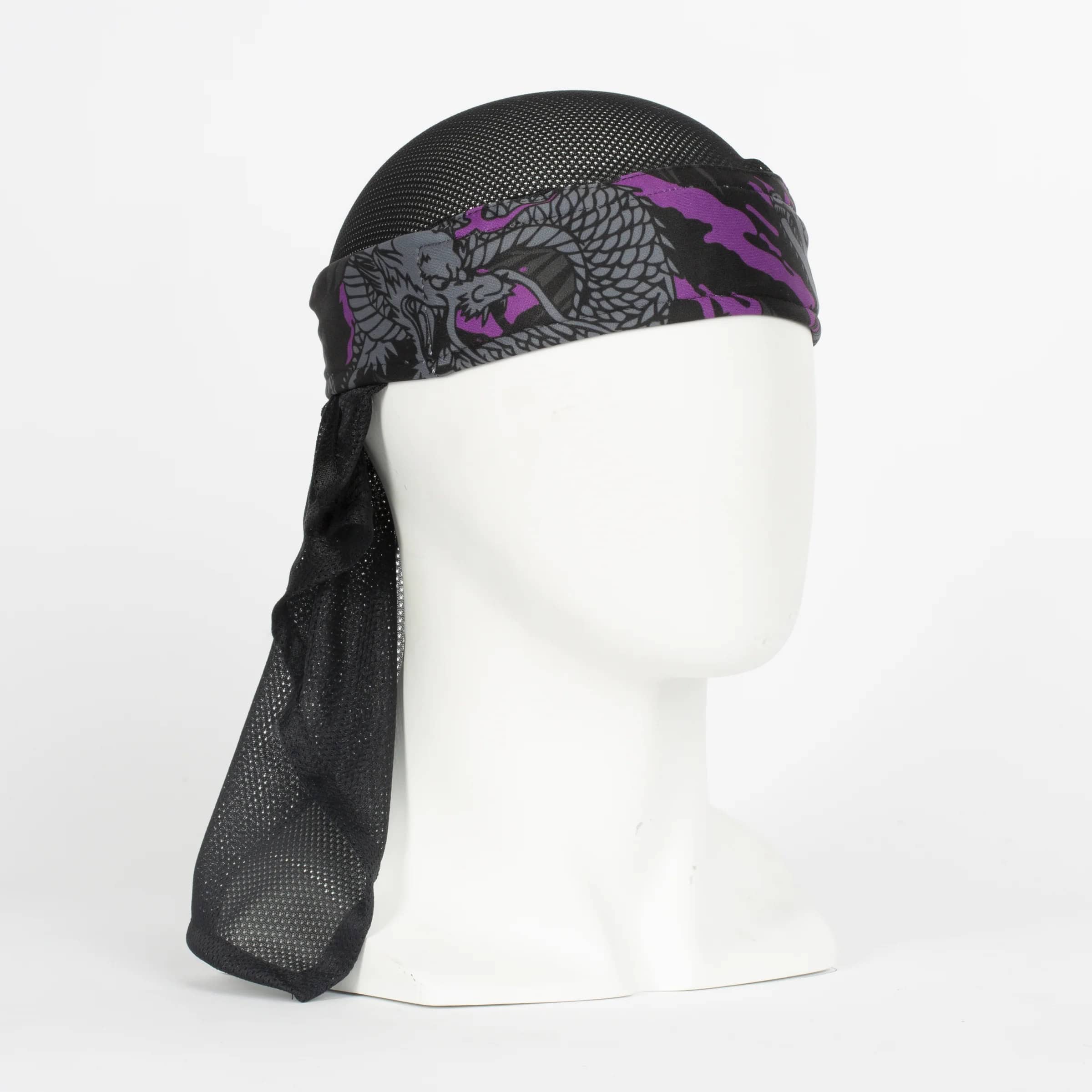 HK Army Rising Sun headwrap with black mesh material and purple dragon design, ideal for paintball players for style and sun protection.