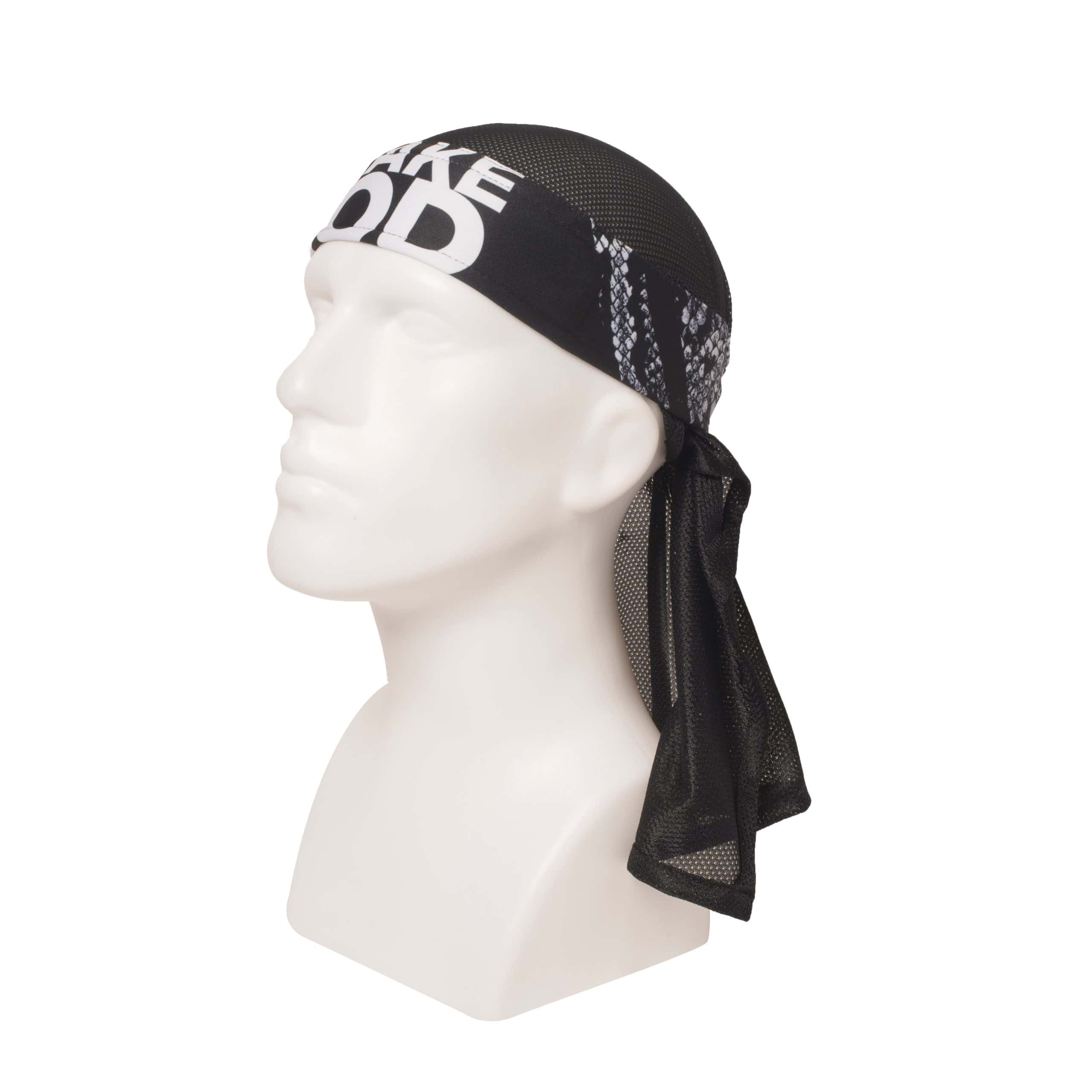 Premium paintball headwrap with Snake God Carnage design, black and white colors, adjustable fit, ideal for paintball players and enthusiasts.