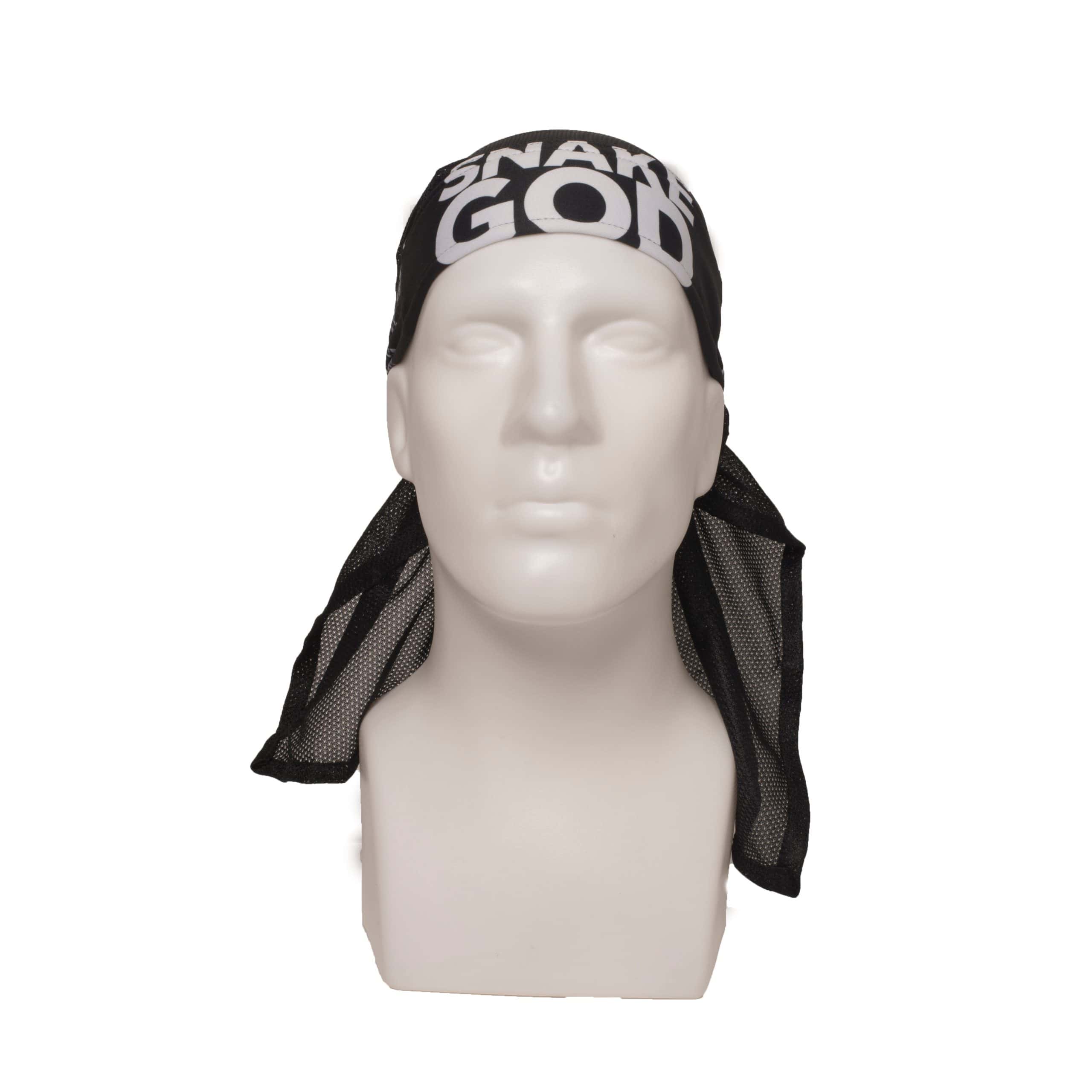 Premium HK Army headwrap with Snake God Carnage design, breathable mesh material, ideal for paintball players, featuring bold black and white graphics.
