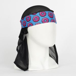 Colorful HK Army headwrap with donut pattern, designed for paintball players, featuring a vibrant blue background with pink donuts and black mesh material.