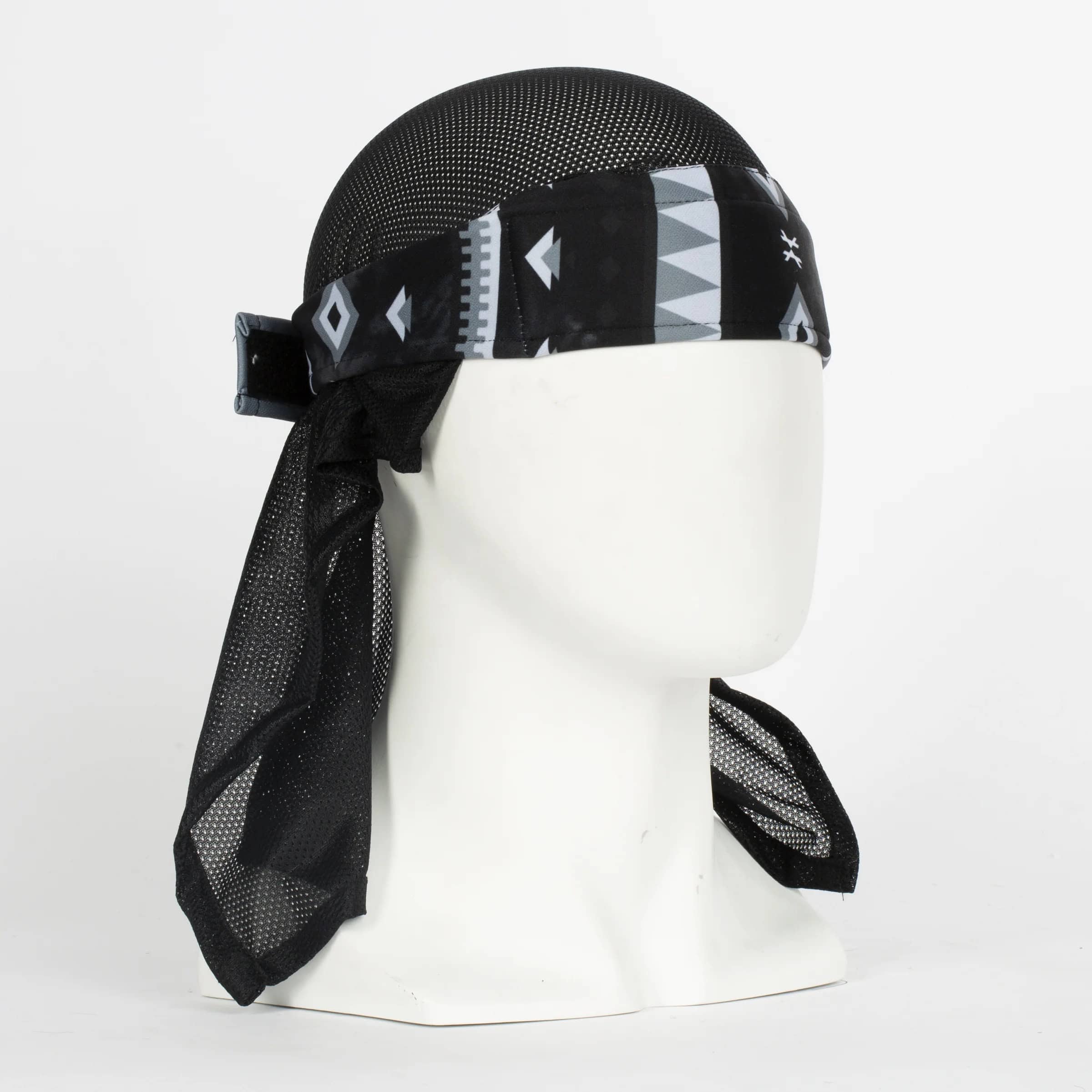 Premium paintball headwrap with tribal blue design, breathable fabric, and adjustable fit for paintball players.