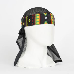 Premium paintball headwrap with tribal pattern in grey, black, red, yellow, and green, designed for comfort and style during paintball games.