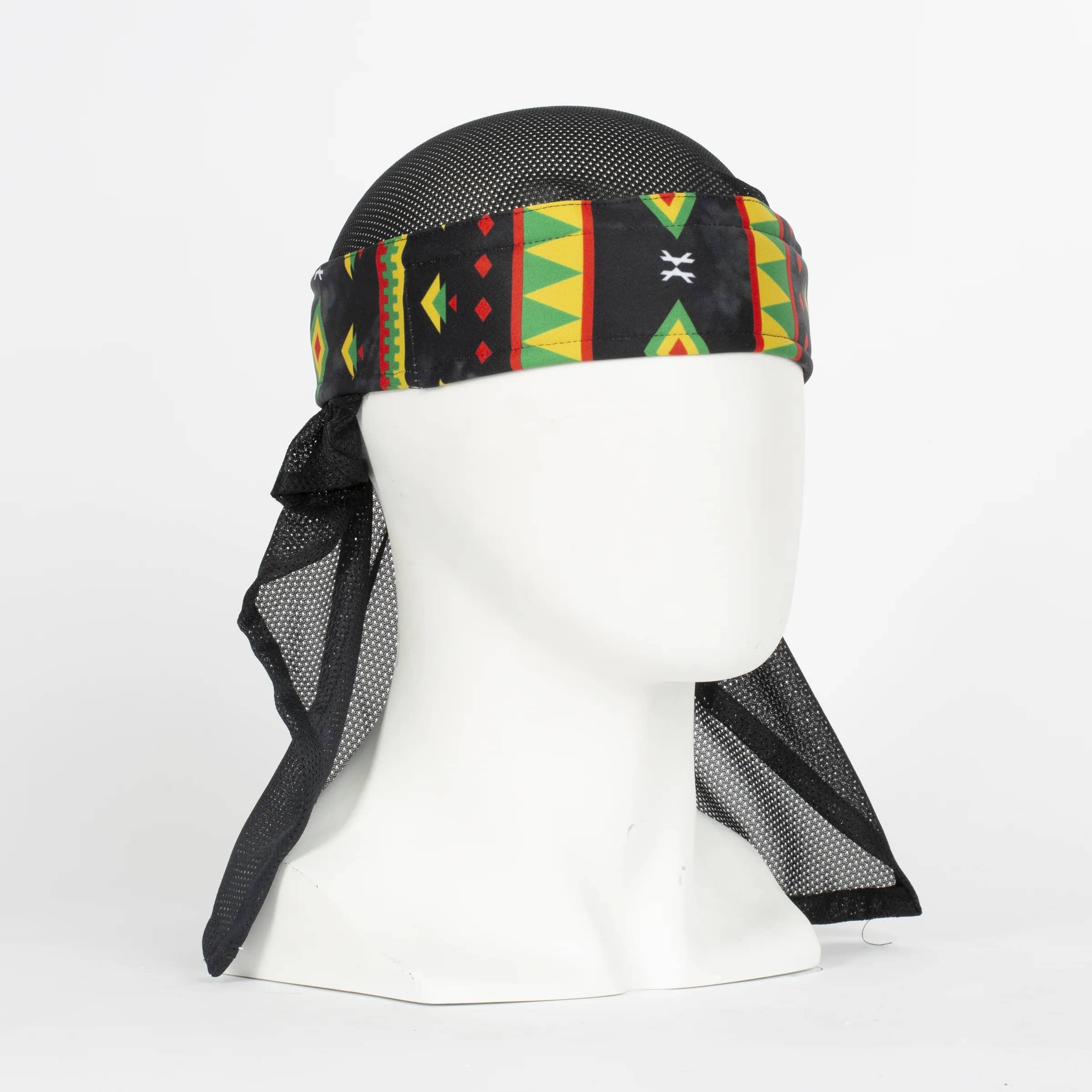 Premium paintball headwrap with tribal pattern in grey, black, red, yellow, and green, designed for comfort and style during paintball games.