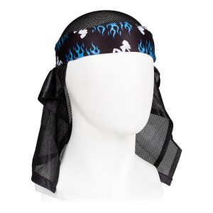 Premium paintball headwrap with Rasta design featuring blue flames and black mesh material for comfort and style during paintball games.