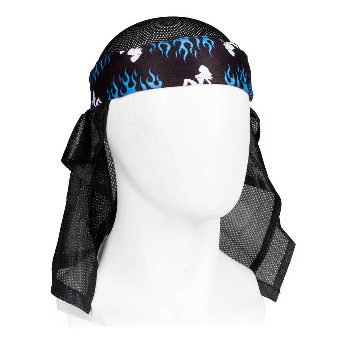 Premium paintball headwrap with Rasta design featuring blue flames and black mesh material for comfort and style during paintball games.