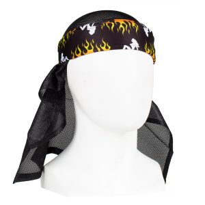 Premium paintball headwrap with flame design and mesh fabric for breathability, ideal for paintball players.