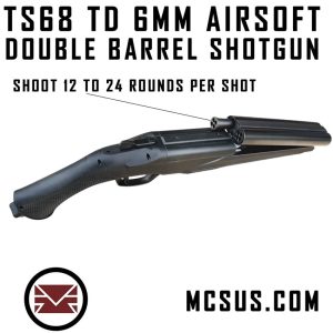 TS68 TD 6MM airsoft double barrel shotgun with dual barrels and adjustable firing rounds, ideal for airsoft enthusiasts.
