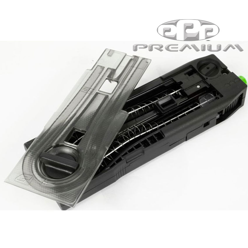 Black Planet Eclipse CF20 20-round magazine for paintball markers, with transparent cover and spring mechanism.