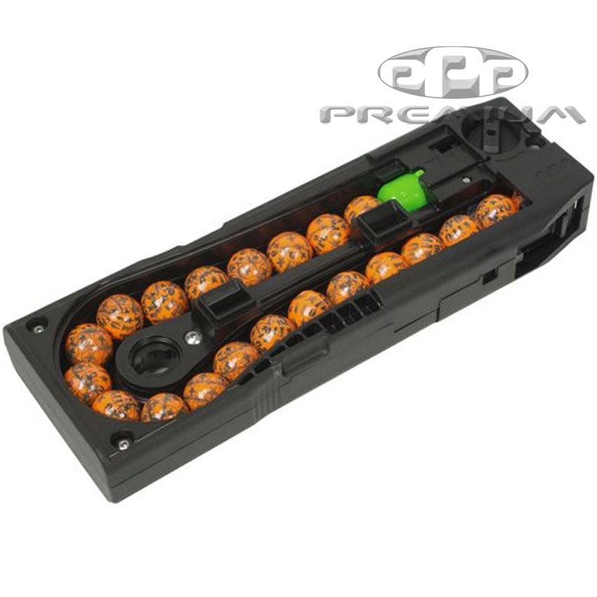 Black Planet Eclipse CF20 magazine with orange paintballs and green loader for paintball guns.